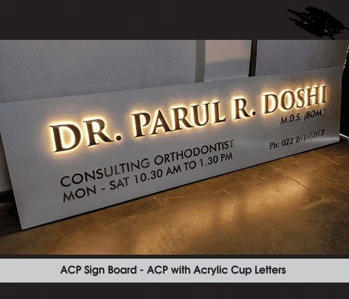 Lit name signage plate for a doctor clinic with acrylic letters